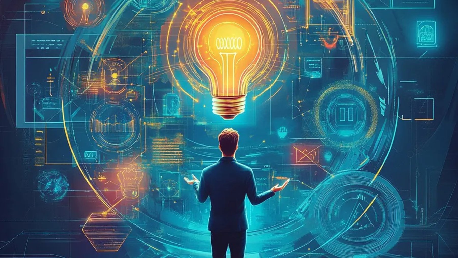Eine Person steht mit ausgebreiteten Armen vor einem leuchtenden Glühbirnen-Symbol, umgeben von digitalen Schaltkreisen, Diagrammen und technologischen Symbolen, die Innovation und kreative Problemlösung in einer futuristischen Umgebung darstellen.