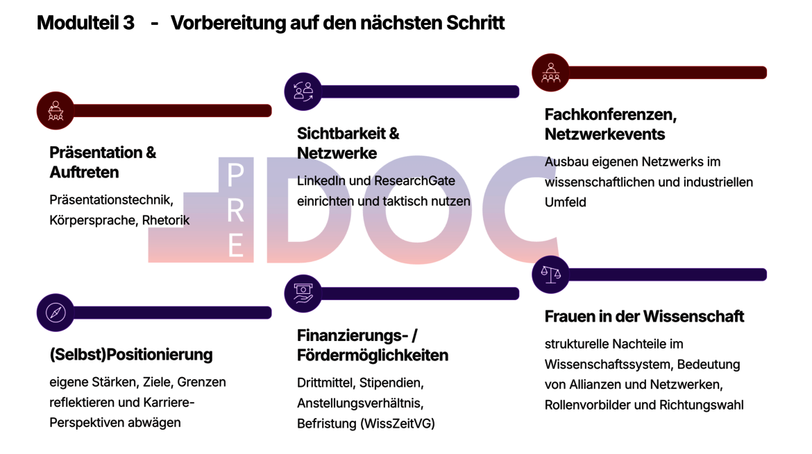 Diagramm mit fünf Segmenten zur Vorbereitung auf den Karriereweg: Präsentation und Auftreten inklusive Selbstpositionierung, Sichtbarkeit und Netzwerken online, Teilnahme an Konferenzen oder Tagungen, Förderung von Frauen in der Wissenschaft sowie Finanzierungsmöglichkeiten.