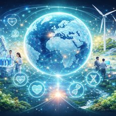 Weltkugel mit globaler Vernetzung, umgeben von Symbolen für Gesundheit wie Herz und DNA-Strang. Wissenschaftler:innen arbeiten in Laboren und mit digitalen Technologien, Windräder und grüne Natur im Hintergrund – Darstellung von globaler Forschung, Nachhaltigkeit und medizinischem Fortschritt.