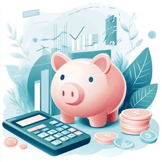 Ein rosa Sparschwein steht vor einem Haus mit Grundriss, umgeben von Münzen und Geldscheinen. Im Vordergrund liegt ein Taschenrechner, im Hintergrund sind Diagramme mit steigenden Kurven zu sehen.