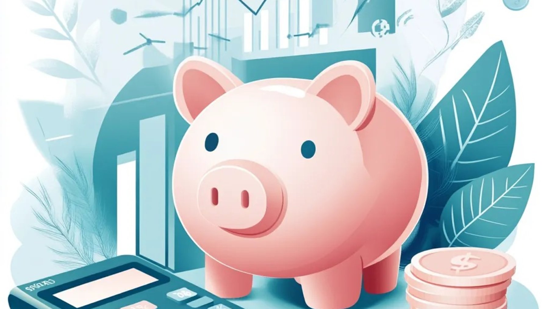 Ein rosa Sparschwein steht vor einem Haus mit Grundriss, umgeben von Münzen und Geldscheinen. Im Vordergrund liegt ein Taschenrechner, im Hintergrund sind Diagramme mit steigenden Kurven zu sehen.
