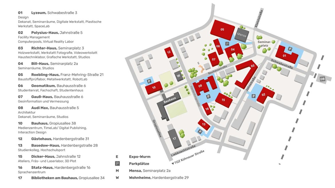 This image is a detailed map of a specific area, highlighting various buildings and their functions. Key locations include educational institutions, cultural centers, and public facilities, each marked with specific labels and numbers. The map also indicates parking zones and an Expo-Murm area.