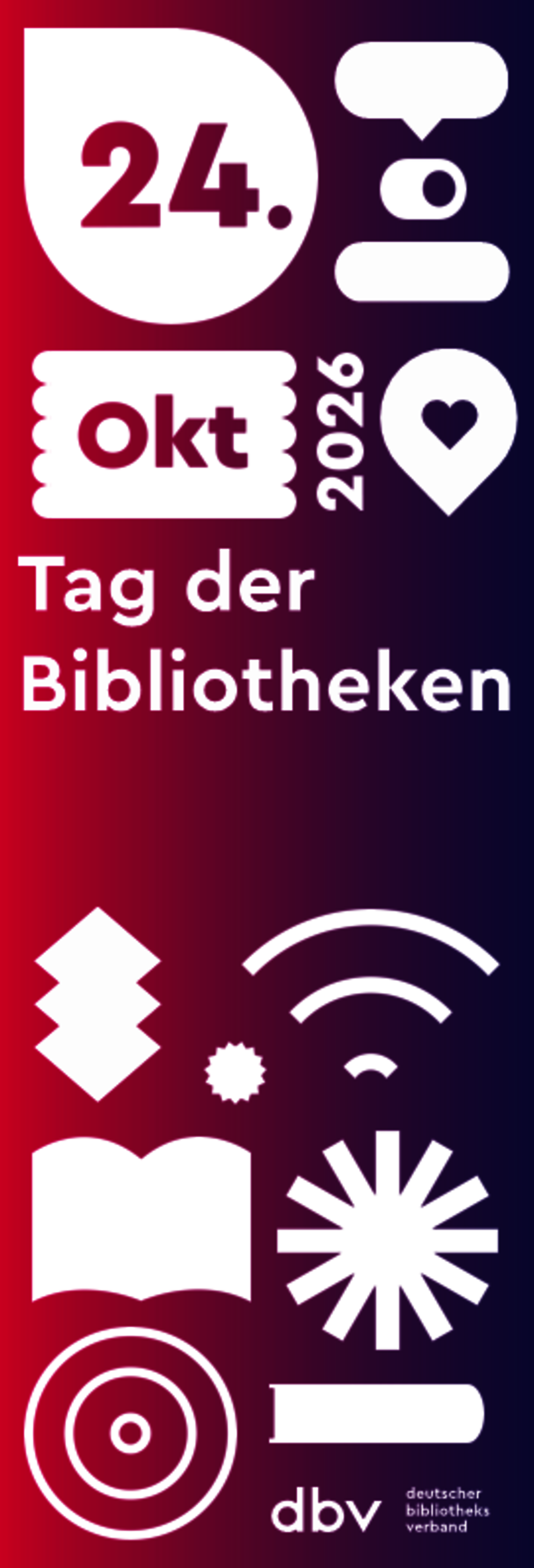 Logo für den Tag der Bibliotheken am 24. Oktober 2026 mit Symbolen für Bücher, Hörbücher, WLAN, digitale Inhalte und einem Herz als Zeichen für Gemeinschaft und Zugang zu Wissen.