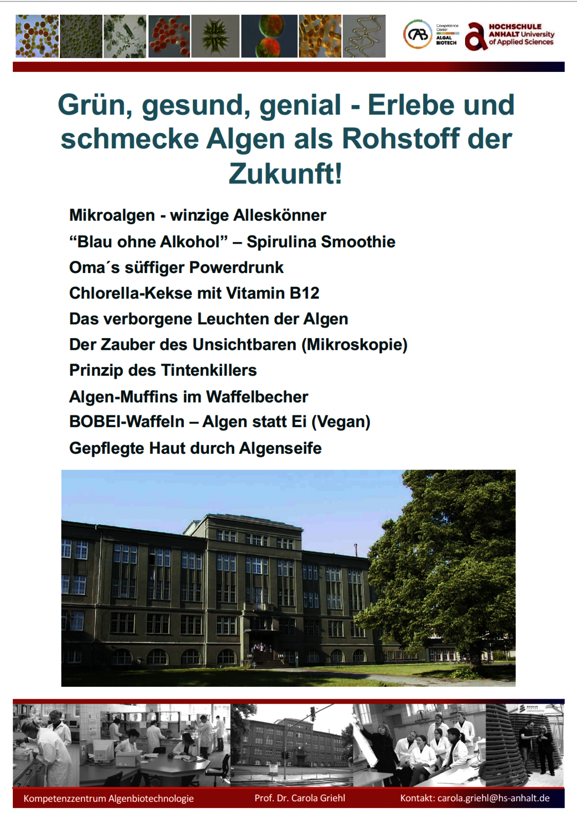 Poster mit Titel „Grün, gesund, genial – Algen als Rohstoff der Zukunft“, zeigend eine Gruppe Menschen vor einem Gebäude, die sich mit Algenprodukten wie Smoothies, Seife und Lebensmitteln beschäftigen.