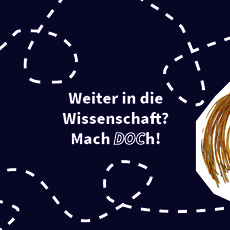 Frau mit Hand am Ohr, die überrascht oder nachdenklich wirkt, daneben ein großer Akademischer Hut. Text: *„Weiter in die Wissenschaft? Mach BÜCH!“*.