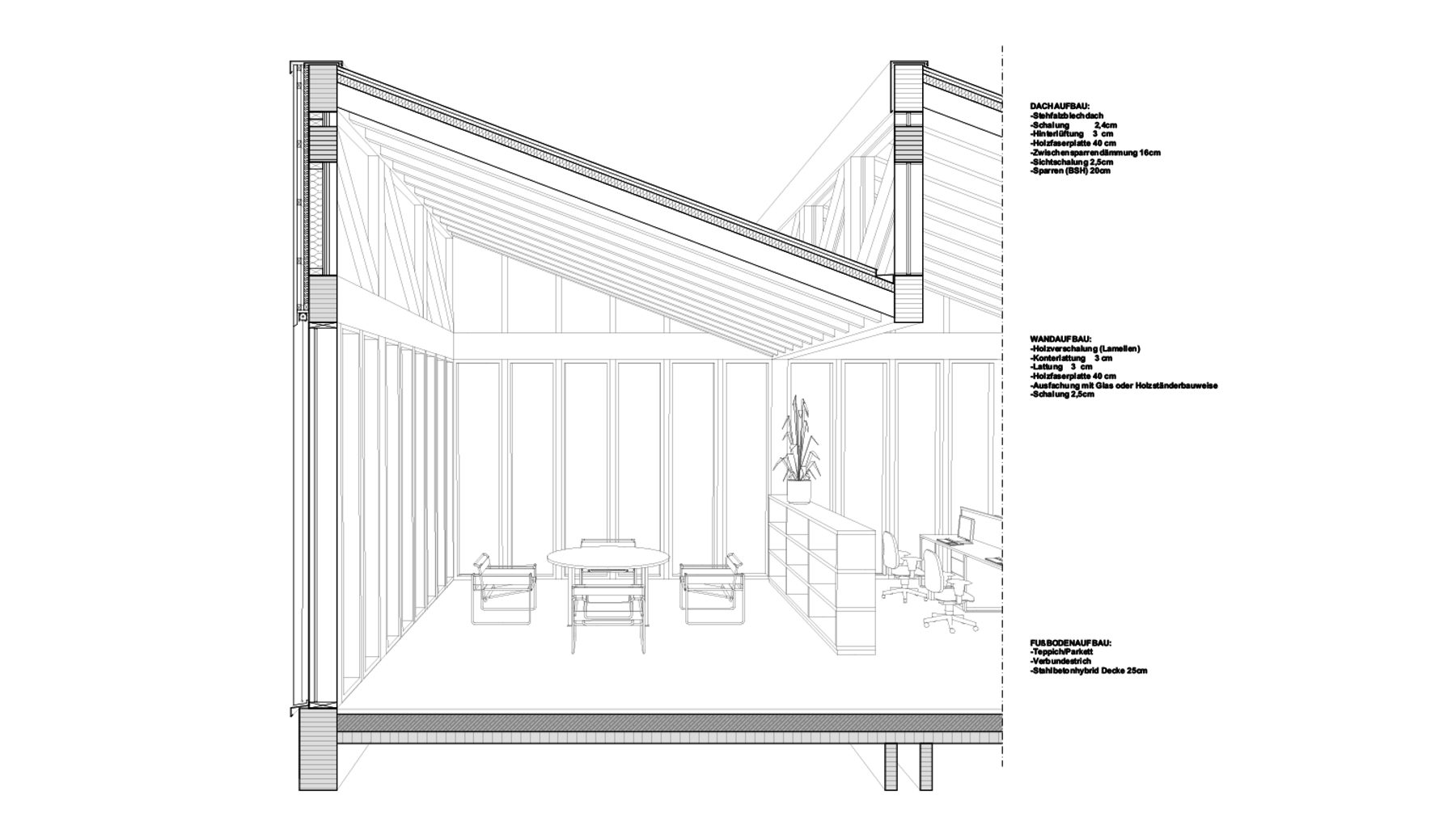 Schwarz-weißes Schnittmodell eines modernen Wintergartens mit Glasfronten und Metallrahmen. Im Inneren stehen zwei Tische mit Stühlen sowie eine Sitzgruppe mit Sofa und Sessel. Deutlich erkennbar sind die schrägen Dachverläufe und eine Pflanze in der Ecke.