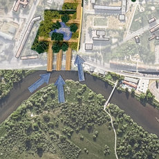 Luftbild einer Stadt mit Flusslauf, der sich durch ein Wohngebiet schlängelt. Im Zentrum eine große, bunte Freifläche, umgeben von Straßen, Gebäuden und einem Sportstadion mit Laufbahn.