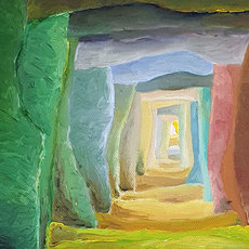 A colorful abstract painting depicting a series of archways or doorways leading into the distance, with vibrant shades of green, red, yellow, and blue creating a dynamic and surreal atmosphere. The perspective draws the viewer's eye deeper into the composition.