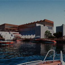 Moderne Industriearchitektur am Wasser mit mehreren Gebäuden in hellen und roten Tönen, darunter ein großes, flaches Dachgebäude und ein Turm. Im Vordergrund ein Boot auf ruhigem Gewässer, im Hintergrund Bäume und ein Steg.
