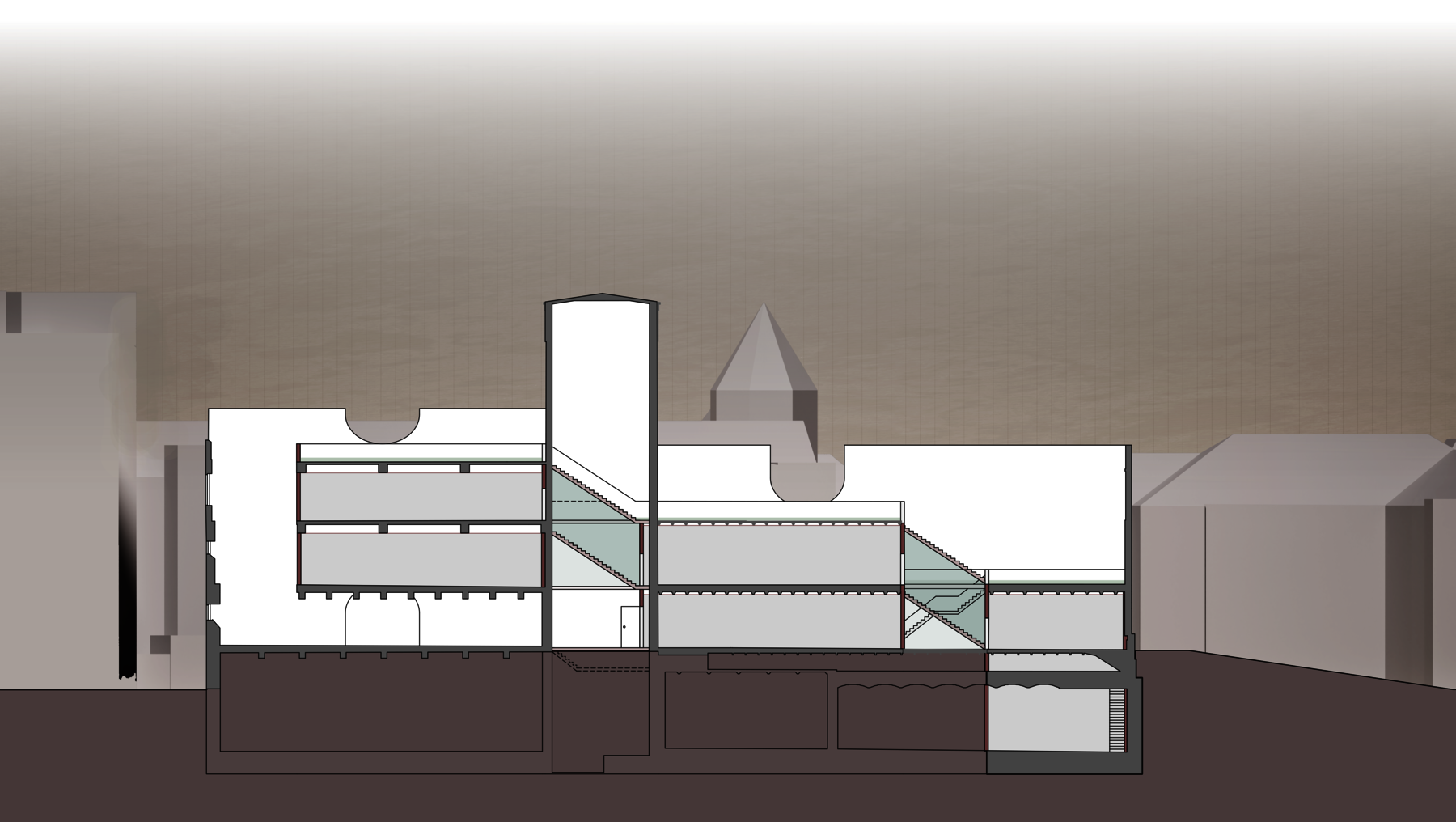Moderne Architekturzeichnung eines Gebäudes mit zentralem, hohen Turm und seitlichem Anbau. Im Inneren sind zwei Etagen mit großen, offenen Flächen und Treppenaufgängen erkennbar. Im Erdgeschoss befindet sich ein langer, schmaler Raum mit Fensterfront.