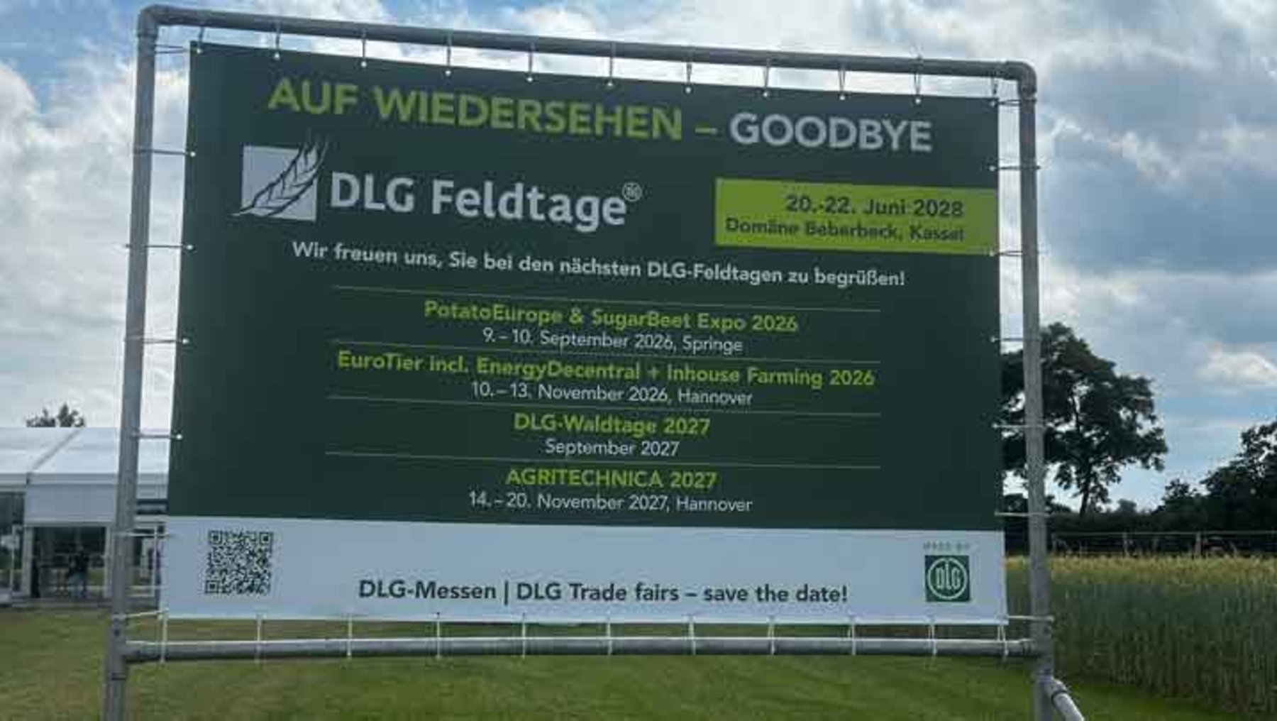 Plakat zur Verabschiedung der DLG Feldtage mit Veranstaltungsdatum 20.–22. Juni 2028 in Domäne Babcock, Kassel. Nächste Termine für PotatoEurope, EuroTier und Agritechnica werden aufgelistet.
