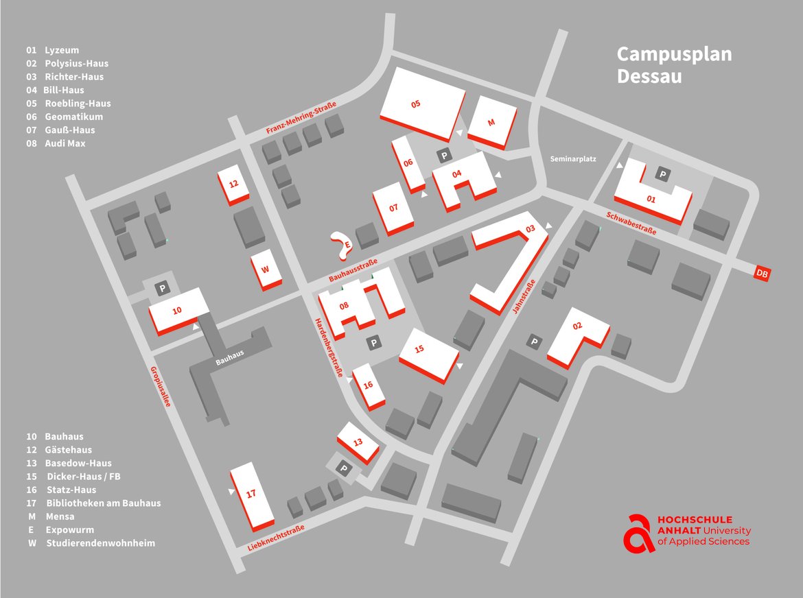 Detaillierter Campusplan der Hochschule Dessau mit markierten Gebäuden und Wegen, darunter Hauptgebäude wie das Lysen-Haus, Bauhaus, Bibliothek und Mensa, sowie nummerierten Gebäuden und Beschilderung für Fußgänger und Fahrradfahrer.