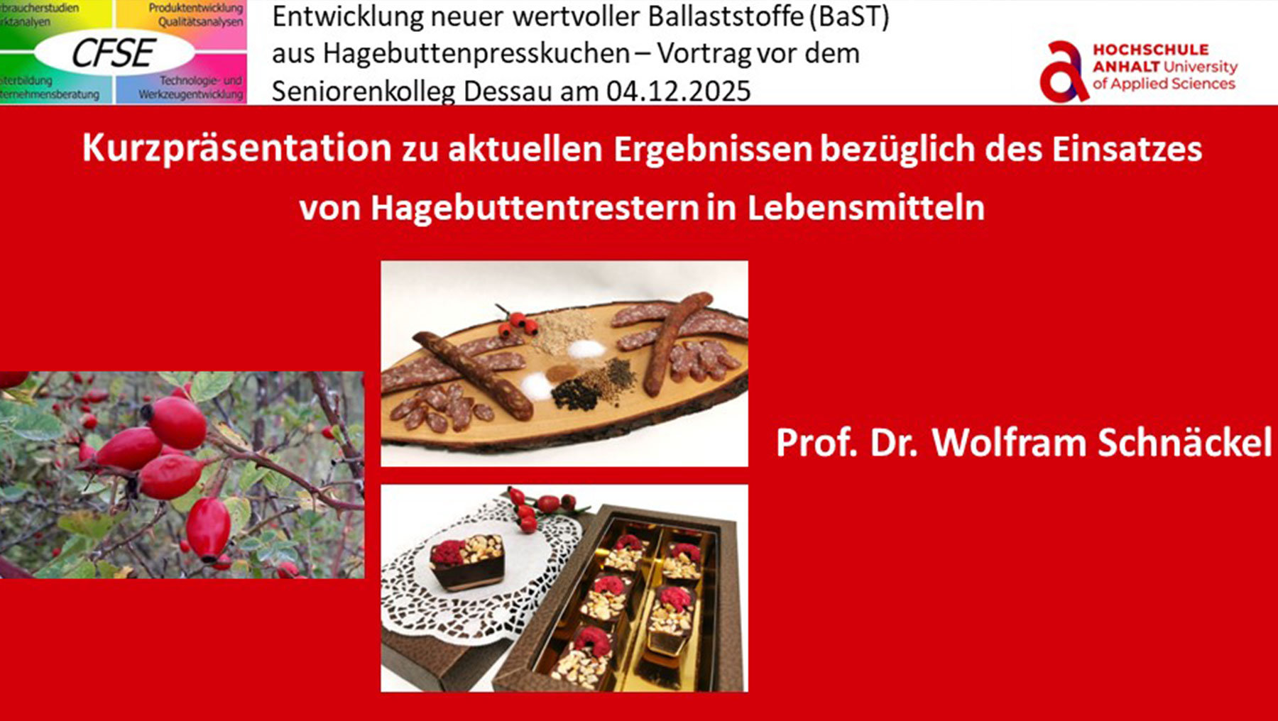 Präsentation zu Hagebuttentrestern in Lebensmitteln: Abbildung zeigt Hagebutten in der Natur sowie Beispiele für verarbeitete Produkte wie Kuchen, Kekse und Schokoladenpräsente. Vortrag von Prof. Dr. Wolfram Schnäckel am 04.12.2025.