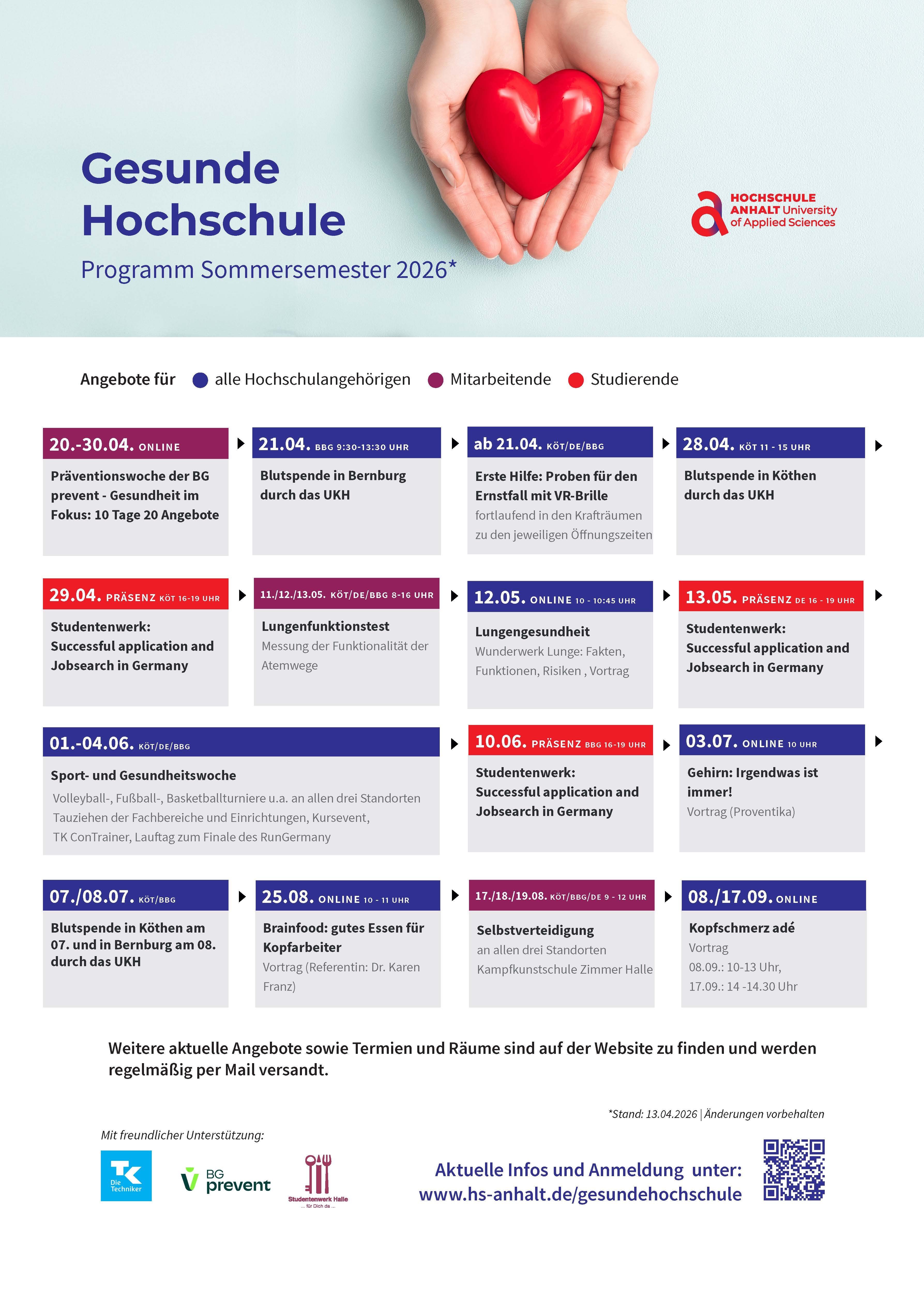 Plakat zur „Gesunden Hochschule“ mit Programm für das Sommersemester 2026: Hände halten ein rotes Herz. Angebote wie Gesundheitskurse, Workshops zu Ernährung, Bewegung und Stressmanagement für alle Hochschulangehörigen, mit Terminen und Orten in Berlin und Potsdam.