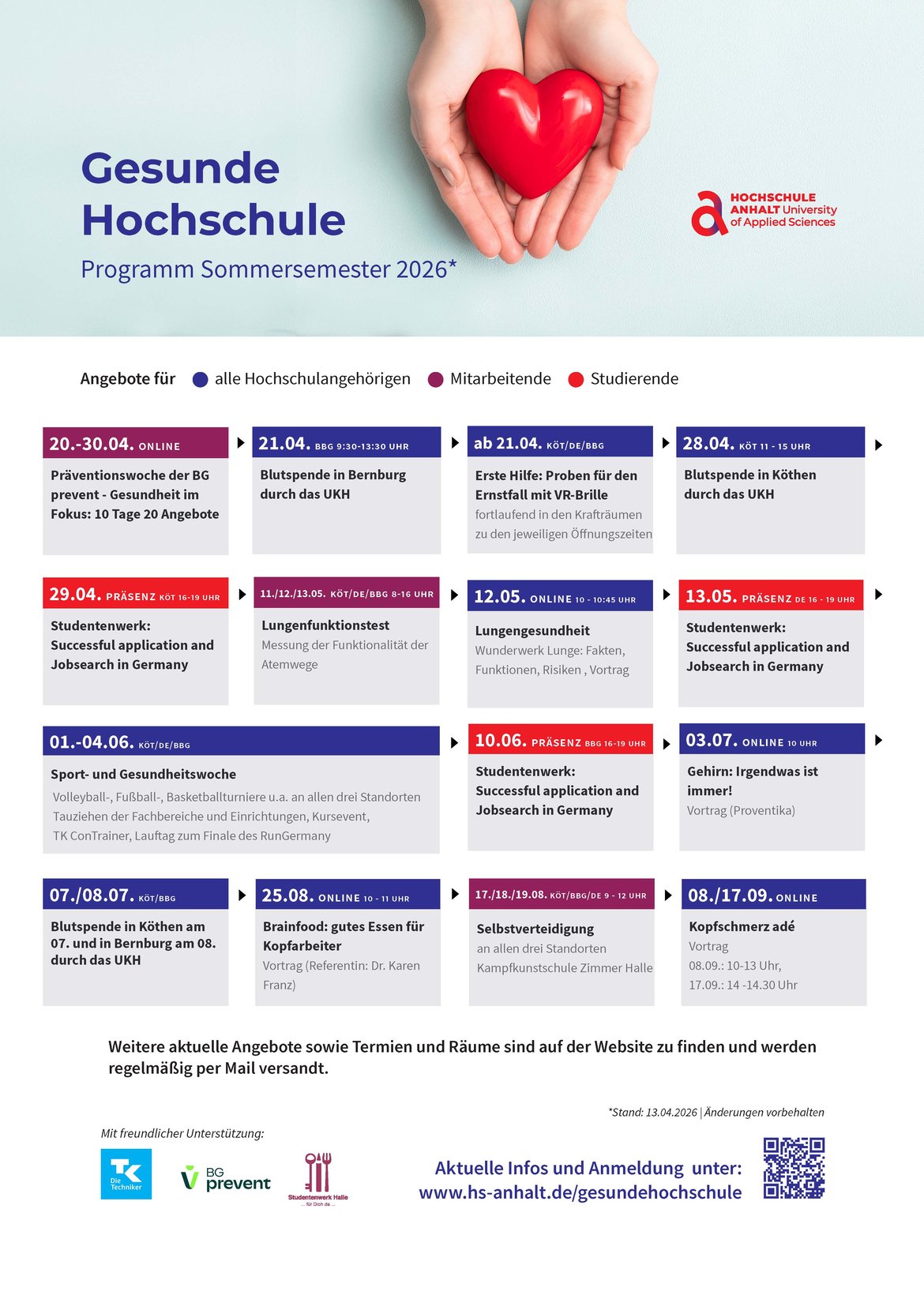 Plakat zur „Gesunden Hochschule“ mit Programm für das Sommersemester 2026: Hände halten ein rotes Herz. Angebote wie Gesundheitskurse, Workshops zu Ernährung, Bewegung und Stressmanagement für alle Hochschulangehörigen, mit Terminen und Orten in Berlin und Potsdam.