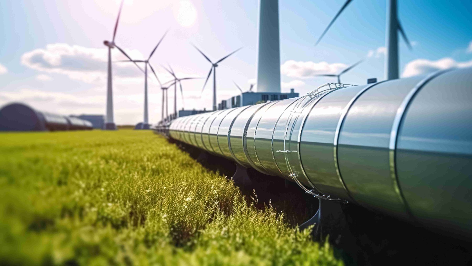 Eine Wasserstoffpipeline mit Windturbinen und im Hintergrund. Konzept der grünen Wasserstoffproduktion AdobeStock_602803522_Viks_jin