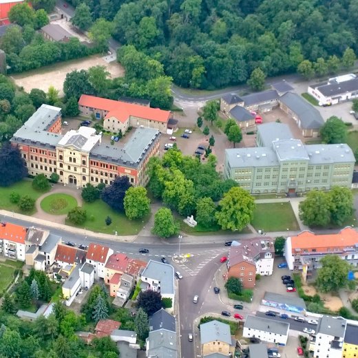 Luftaufnahme eines Schulgeländes mit mehreren Gebäuden, umgeben von Bäumen und Grünflächen. Im Vordergrund sind Wohnhäuser und eine Straße mit parkenden Autos zu sehen. Die Schule besteht aus einem älteren Hauptgebäude mit rotem Dach und einem modernen Anbau.