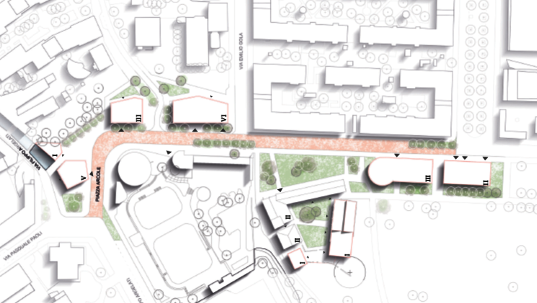 Stadtplan mit zentraler, breiter Fußgängerzone, die durch rote Markierung hervorgehoben ist. Links und rechts befinden sich Grünflächen, Bäume und Gebäude. Im Hintergrund sind Wohnblocks und eine Schule eingezeichnet. Ein Spielplatz und ein runder Platz mit Sitzmöglichkeiten sind ebenfalls abgebildet.