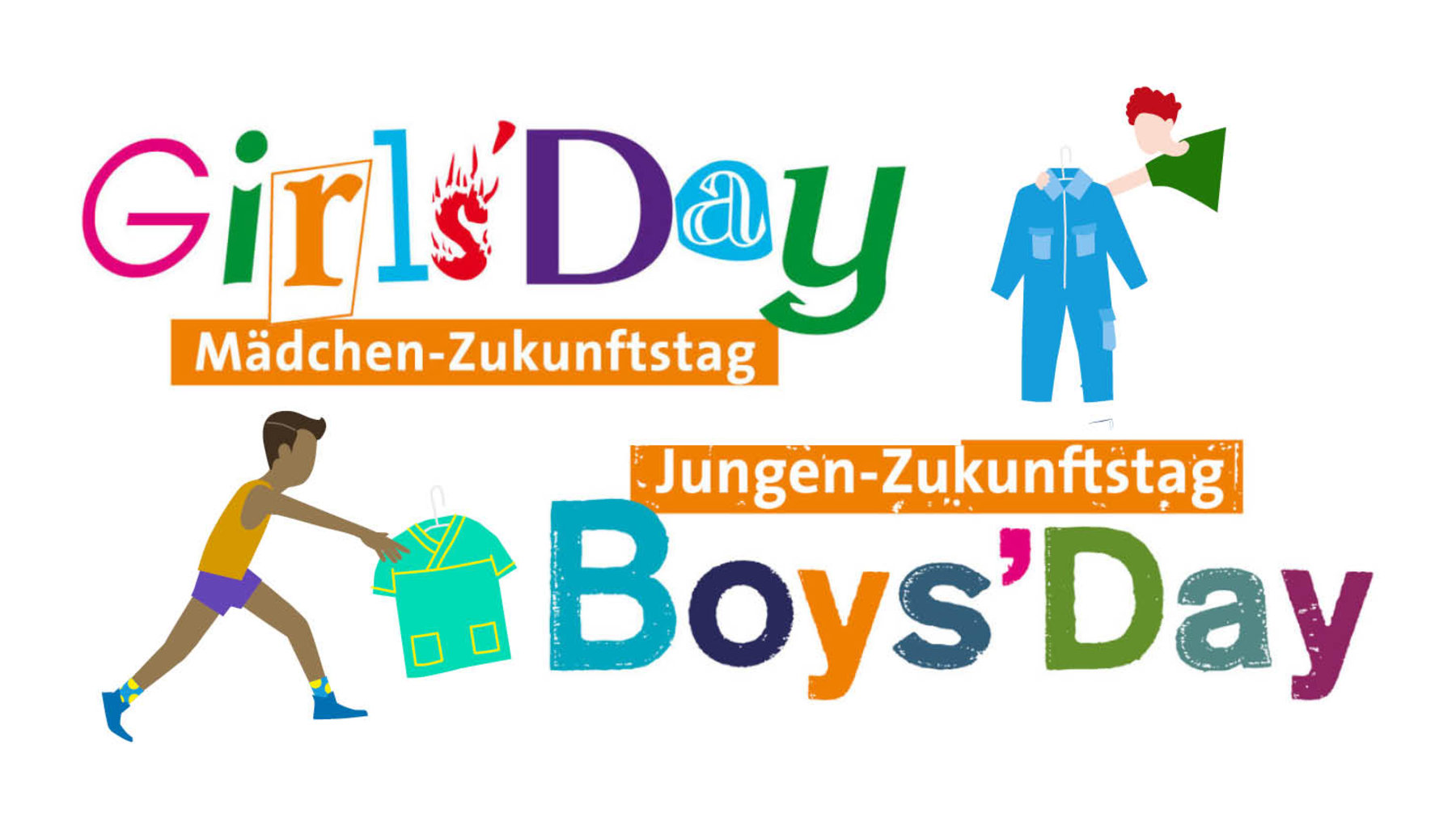 Bunte Logos für den Mädchen-Zukunftstag und Jungen-Zukunftstag: Links eine laufende Person mit Werkzeugkiste, rechts eine Person mit Krawatte und Werkzeug, dazwischen die Texte „Girl’s Day – Mädchen-Zukunftstag“ und „Boys’ Day – Jungen-Zukunftstag“.