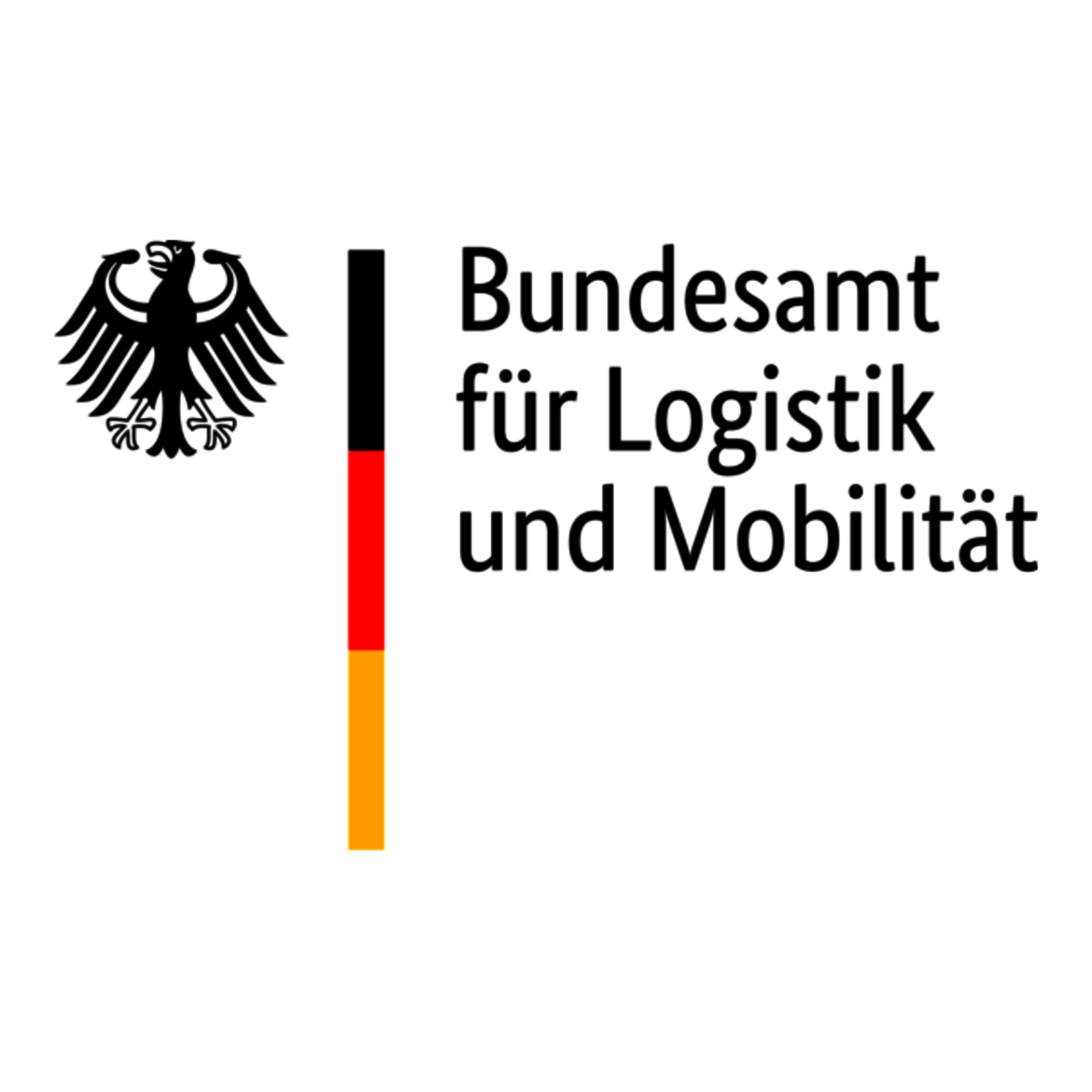 Bundesadler neben einem vertikalen Streifen in Schwarz-Rot-Gold mit der Beschriftung „Bundesamt für Logistik und Mobilität“.