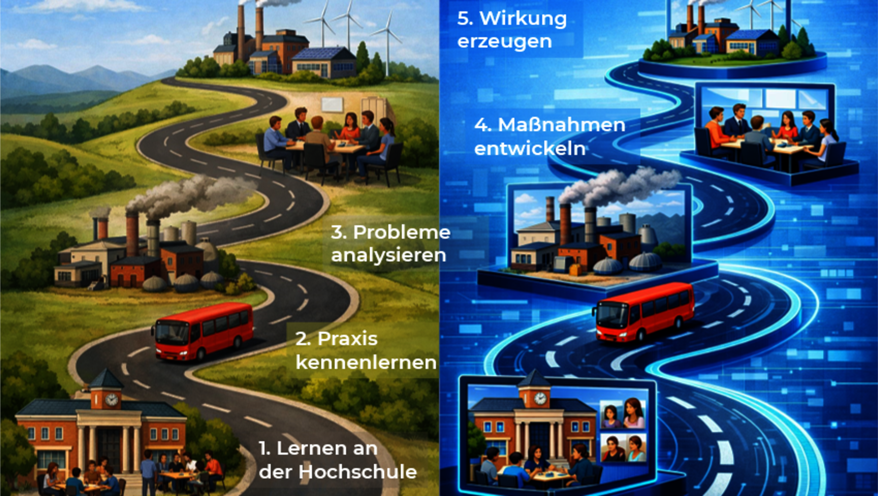 Die Grafik vergleicht analoge und digitale Problemlösungsprozesse. Analog: 1. Lernen an der Hochschule, 2. Praxis kennenlernen, 3. Probleme analysieren. Digital: 1. Lernen über digitale Kanäle, nímirtuelle Praxis, 4. Maßnahmen entwickeln, 5. Wirkung erzeugen.