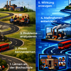 Die Grafik vergleicht analoge und digitale Problemlösungsprozesse. Analog: 1. Lernen an der Hochschule, 2. Praxis kennenlernen, 3. Probleme analysieren. Digital: 1. Lernen über digitale Kanäle, nímirtuelle Praxis, 4. Maßnahmen entwickeln, 5. Wirkung erzeugen.
