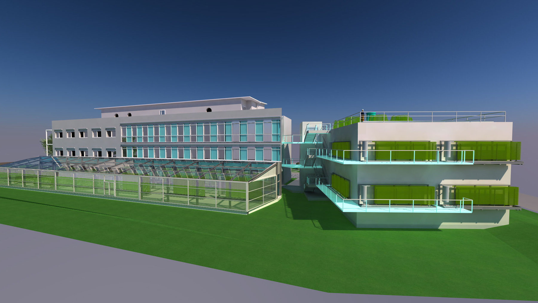 Moderne, mehrstöckige Gebäudearchitektur mit weißer Fassade, grünen Flachdächern und überdachten Balkonen, umgeben von Geländern. Im Vordergrund ein ebenerdiger Bereich mit begrüntem Vorplatz. Zeigt Entwurf des Mitteldeutschen Algenzentrums an der Hochschule Anhalt.