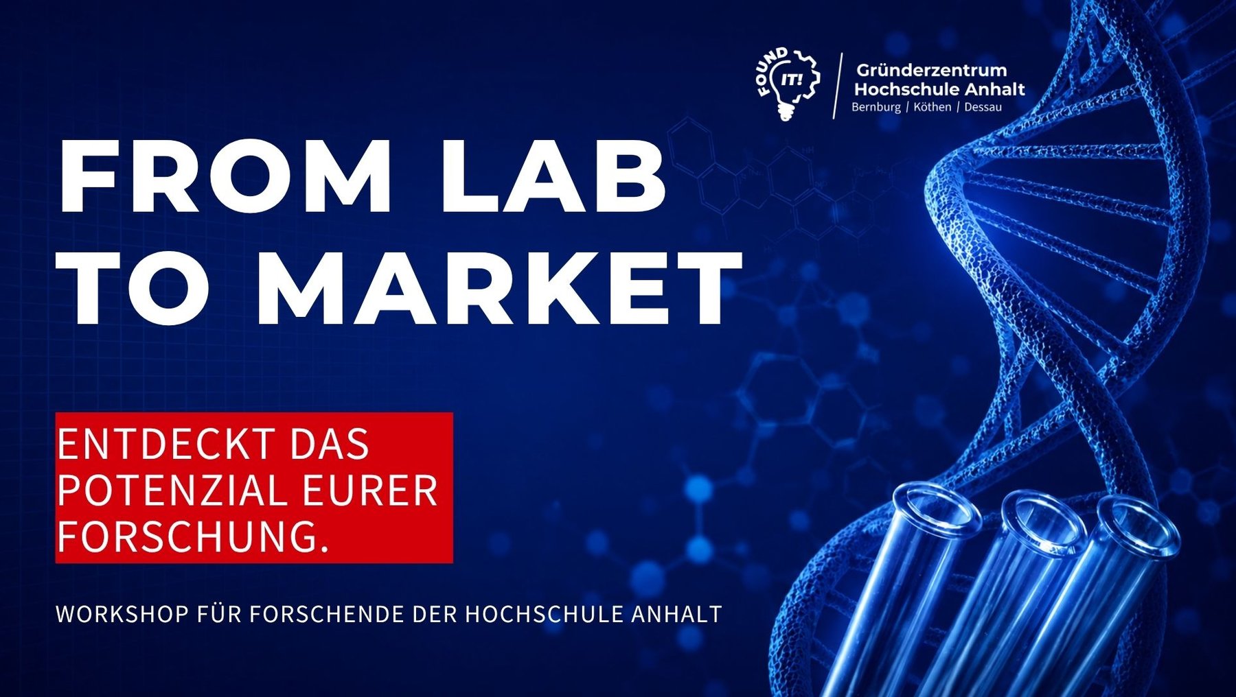 Bild zeigt eine DNA-Helix und Reagenzgläser im Hintergrund. Der Fokus liegt auf einem Workshop mit dem Titel „From Lab to Market“, der das Potenzial der Forschung der Hochschule Anhalt aufzeigt und Forschende zum Thema Vermarktung ihrer Ergebnisse einlädt.