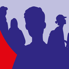Silhouettes of diverse people standing together against a red and blue background, symbolizing unity and solidarity. The image conveys a sense of community and collective strength.