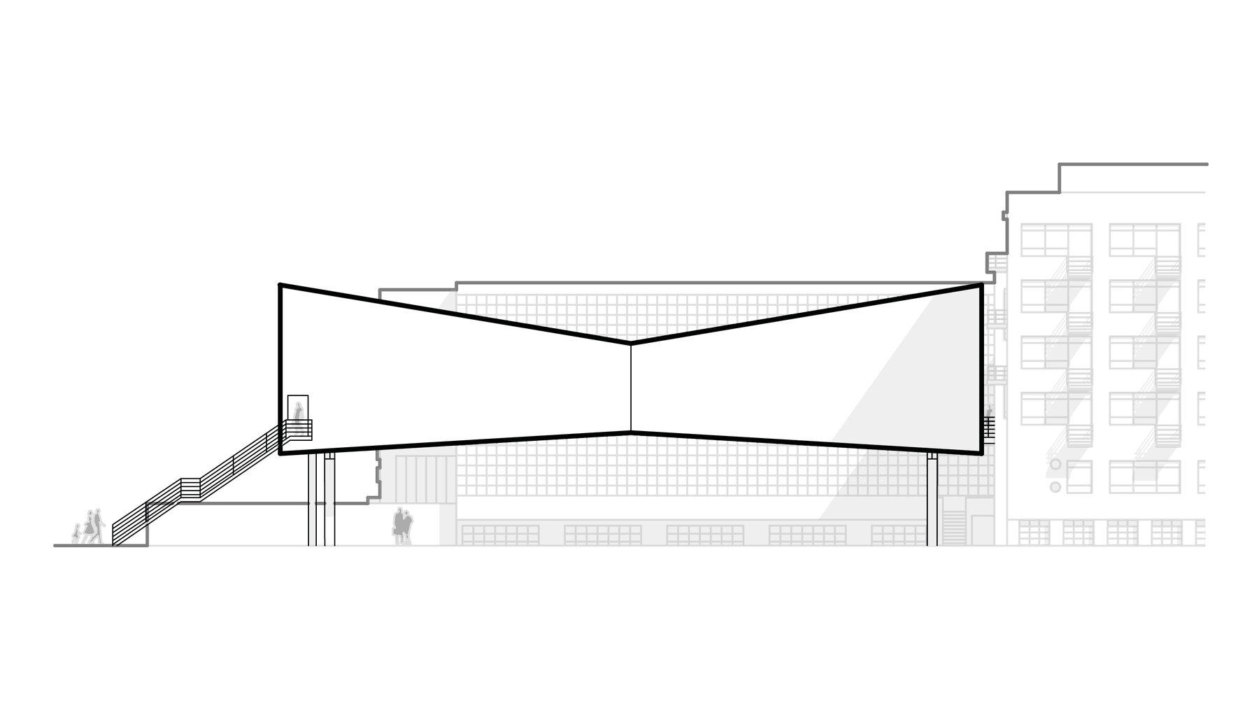 Moderne Architekturzeichnung eines flachen, überdachten Eingangsbereichs mit schrägem Dach, das sich nach außen neigt. Treppe führt zu leicht erhöhten Türen, dahinter offener Innenraum mit markanten Stützen. Im Hintergrund weitere Gebäudeansichten.